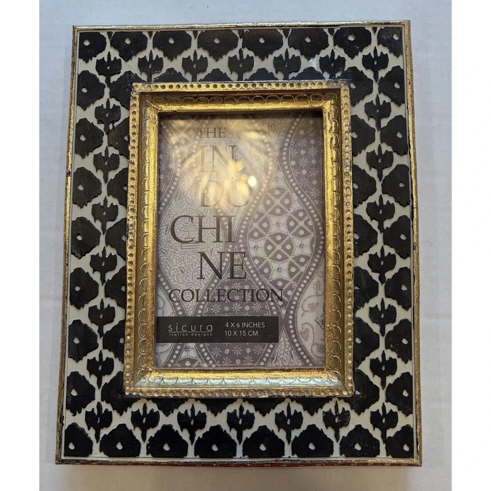 SICURA Picture Frame 4 X 6 Photo Black Cream Gold Trim Ornate Frame